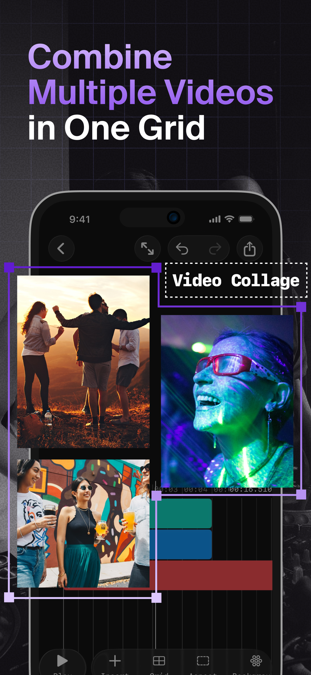 Combine multiple videos in one grid — video collage editor on iPhone