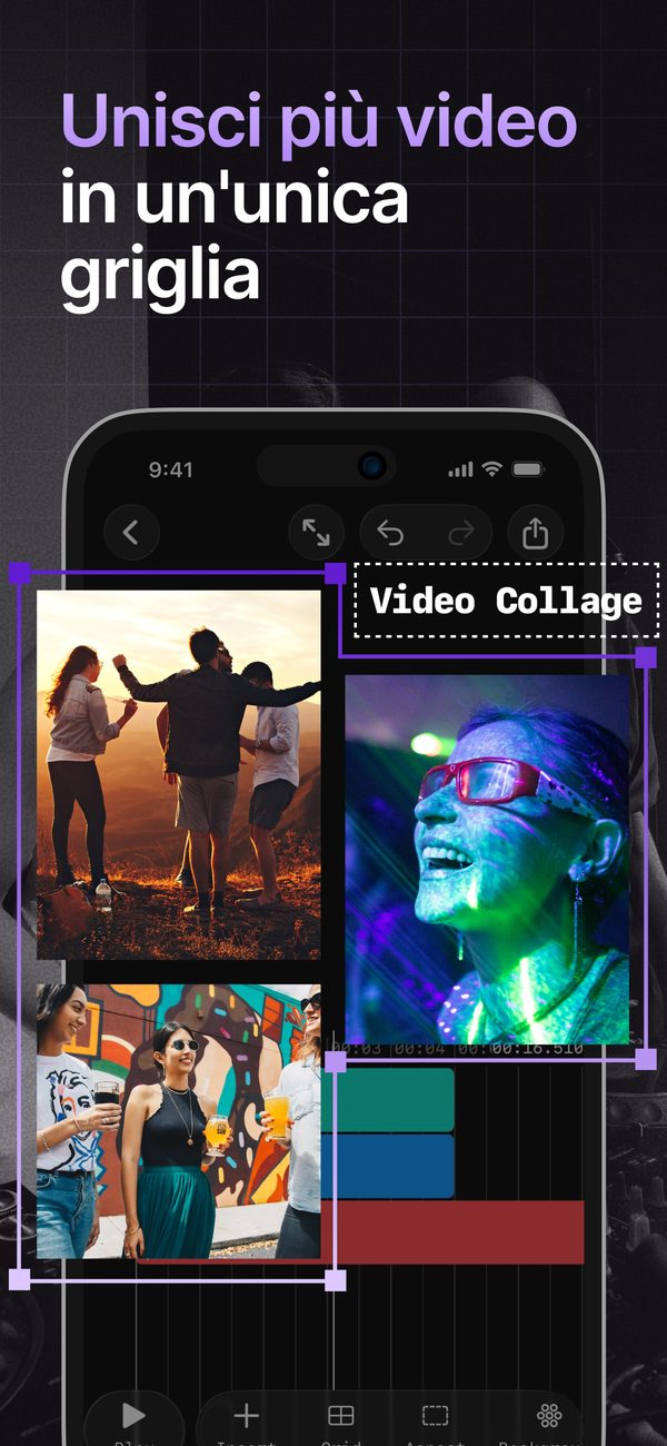 Combina più video in una griglia — editor di collage video su iPhone