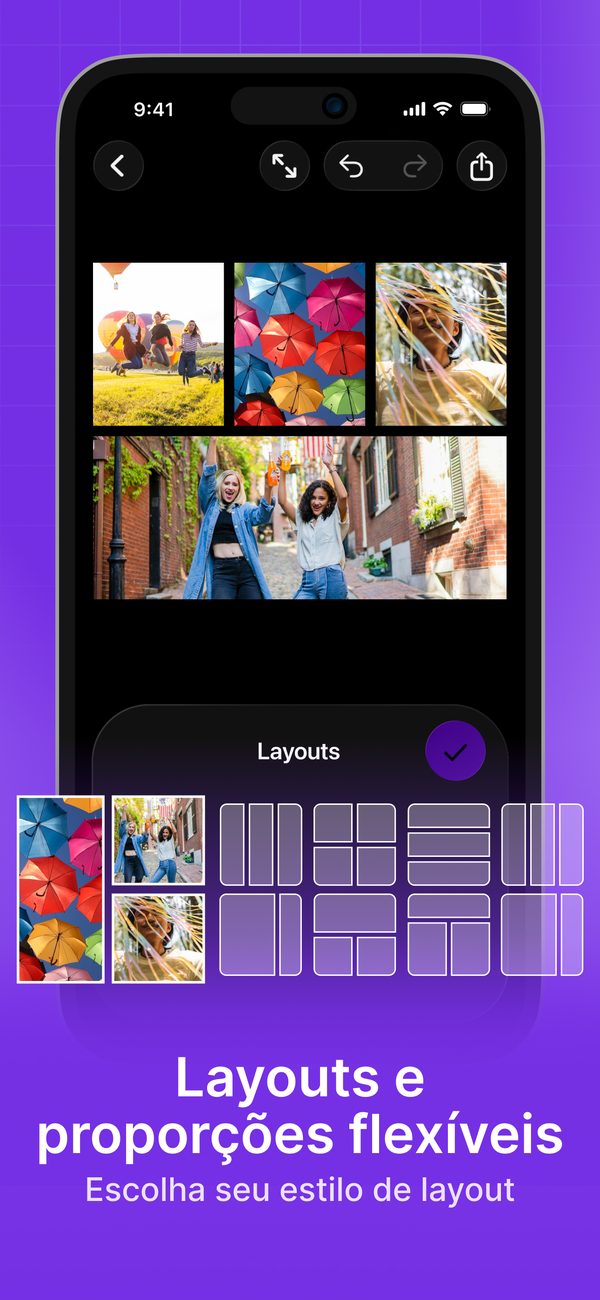 Layouts flexíveis e proporções para colagens de vídeo